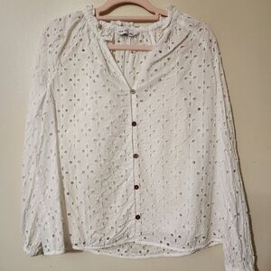 Eyelet White Cotton Blouse Pullover With Built In Tank Large Tassels 3 Quarter